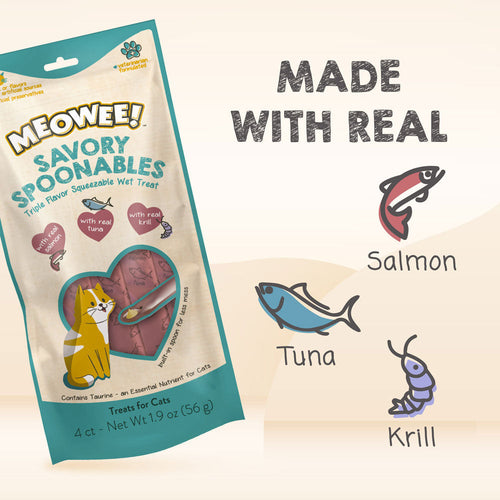 Meowee! Savory Spoonables with Salmon, Tuna + Krill Wet Treats for Cats