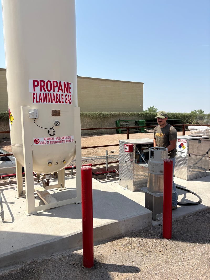 Filling an RV propane tank on-site at The Stock Shop in Apache Junction, AZ